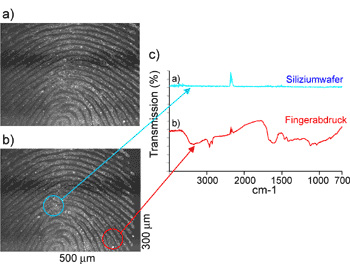 Analyse an einem Fingerabdruck auf einem Si-Wafer.