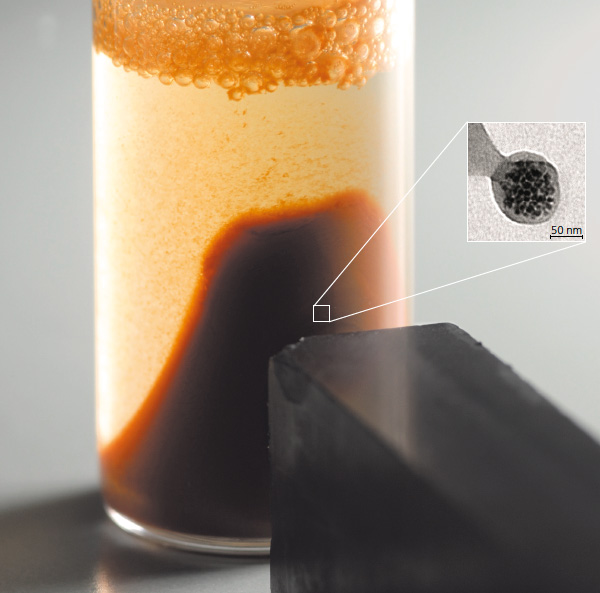 Nanoparticles with a polymer shell and magnetizable core (magnetite) that are attracted by a magnet (on the right).