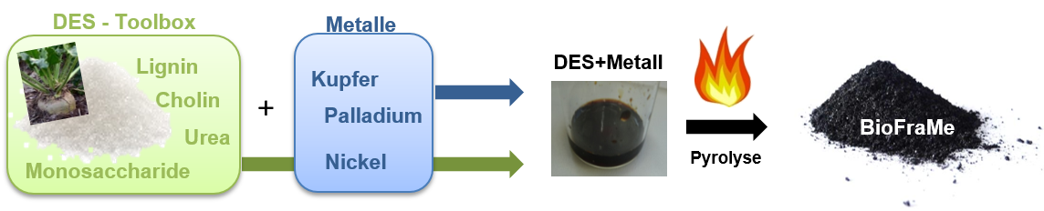 Schematic overview of the production of BioFraMe as a bio-based supporting material. DES from bio based sources serve as a solvent for the metals and as starting materials for the bio-supporting materials. After pyrolysis of the DES-metal mixture, the bio based supported metal catalysts, or BioFraMes for short, are prepared in one step.