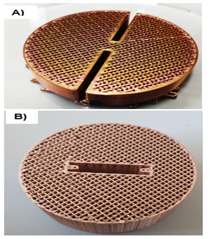 Additiv gefertigte beschichtete Filtertestkörper mit unterschiedlichen Aussparungen (A+B) für die Schichtanalytik.