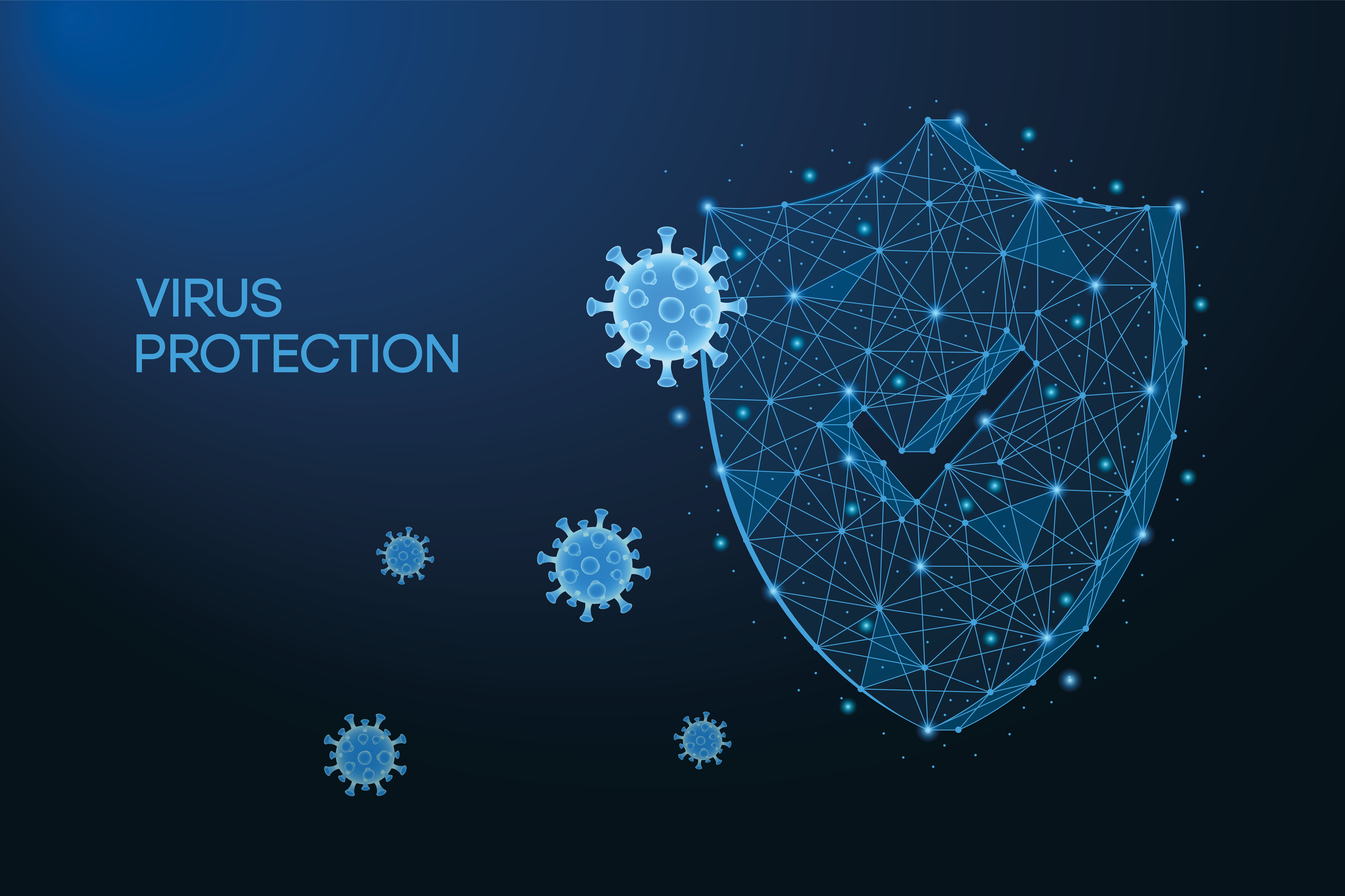 Security shield for virus protection. Coronavirus, 2019-nCoV safety concept made by low polygonal wireframe mesh on blue background. Shield and virus cells. Vaccine, medicine, antibiotics. Vector