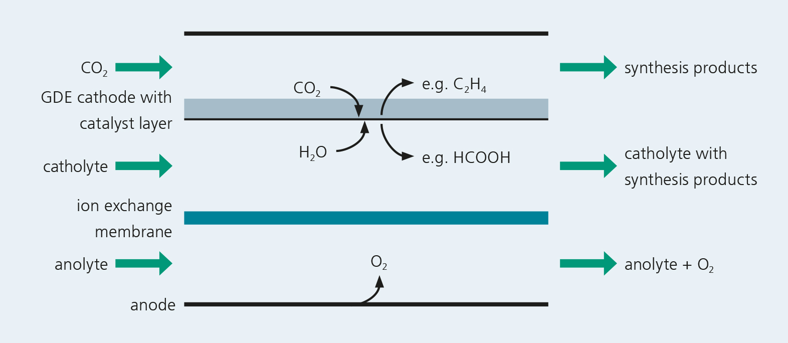 Schematic representation of the electrosynthesis of platform chemicals from CO2 and water