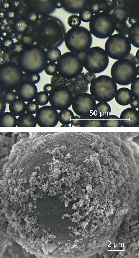Spherical polymethylmethacrylate toner particles produced by suspension polymerisation.