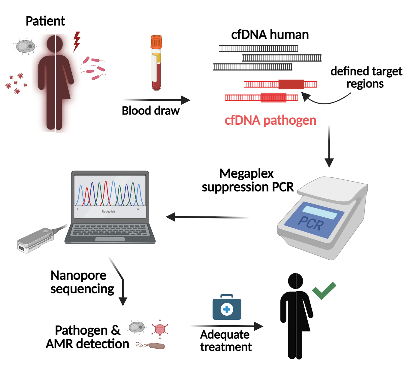 Method for the targeted detection of defined resistance markers. Suppression PCR is used to amplify a wide variety of target regions in a targeted manner and to provide real-time sequencing and bioinformatics using multiplexing methods.