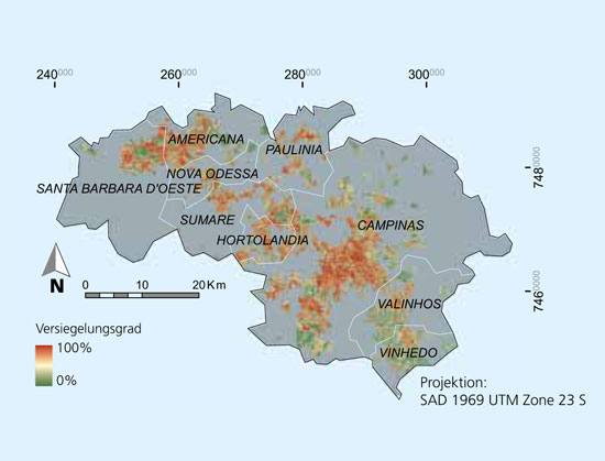 Sealed soil areas in the cities based on Landsat satellite data.