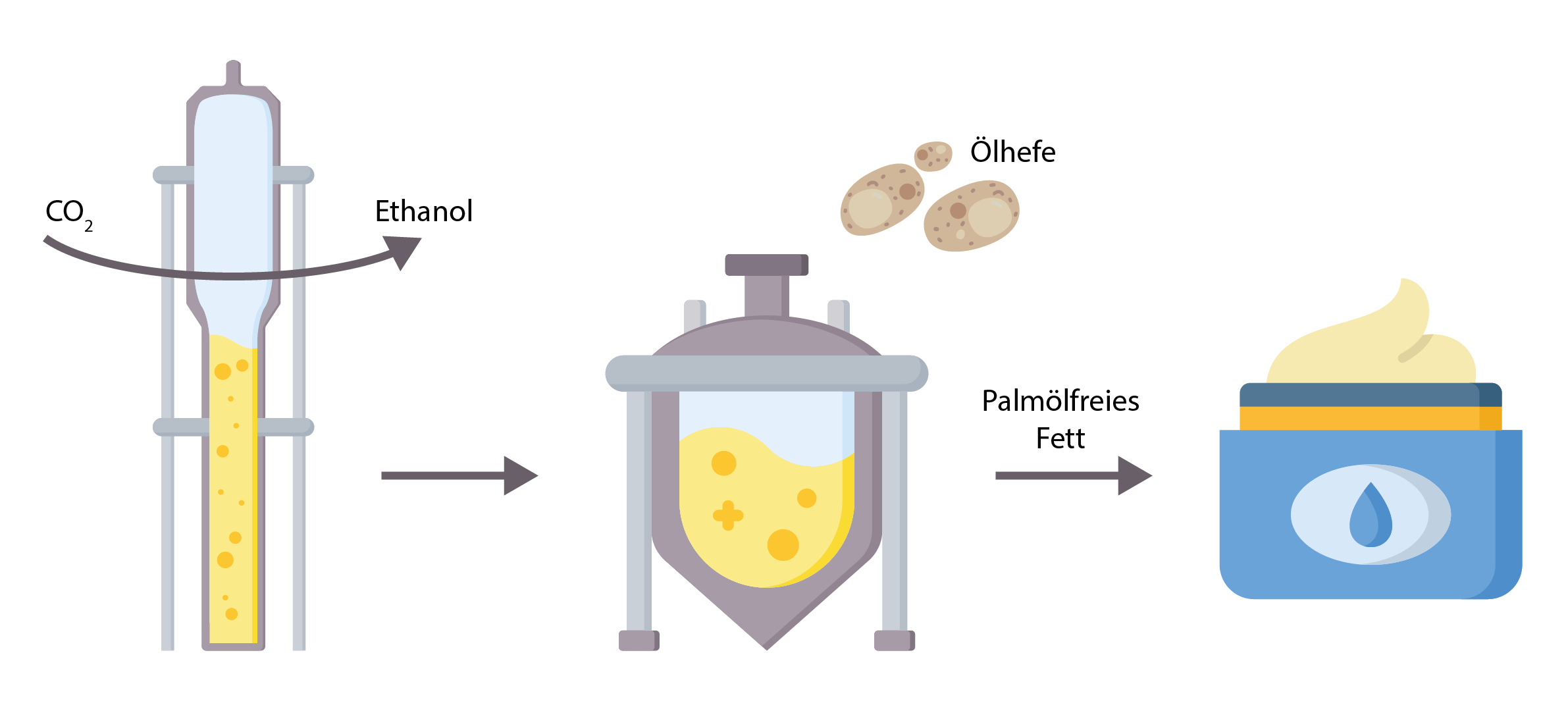 Prozessschema zur Herstellung von Palmölersatz aus CO2 Schema zur biotechnologischen Umwandlung von CO2 in palmölfreies Fett