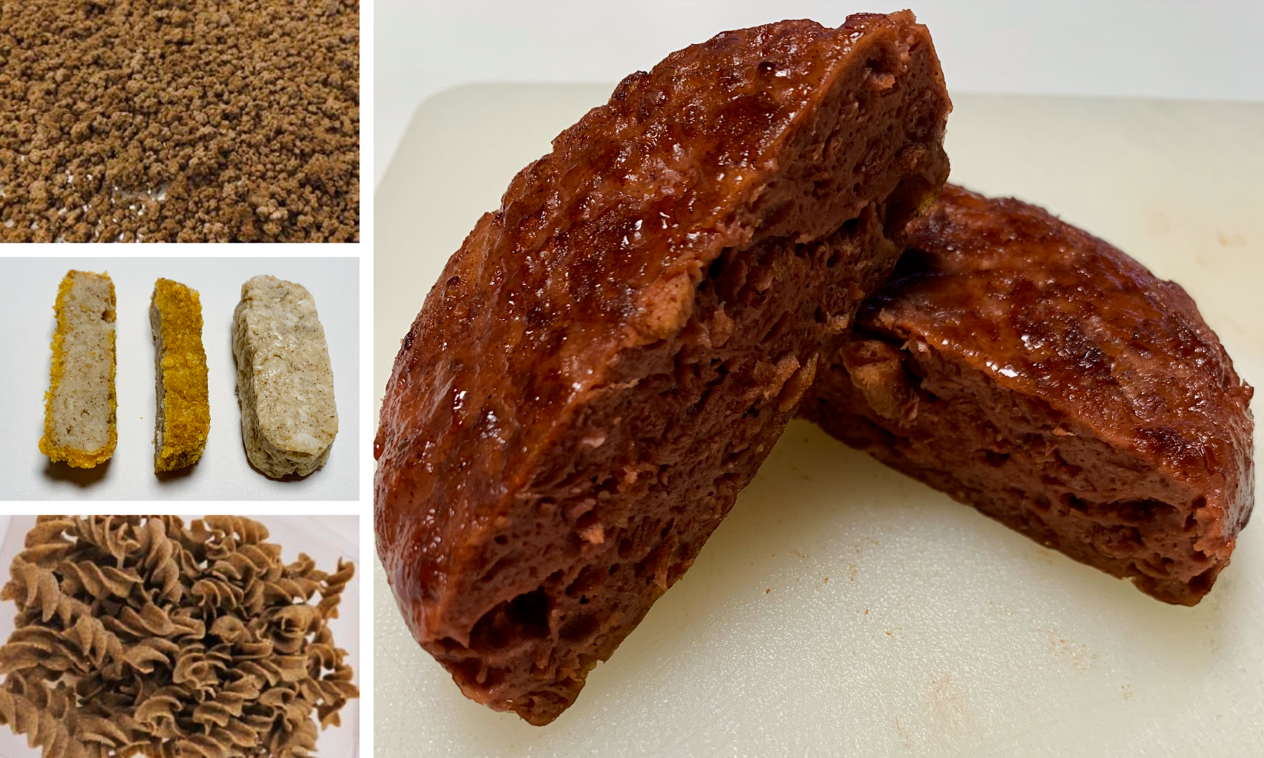 Rapskernkonzentrat verarbeitet zu Burger-Patties, Hackfleisch- und Fischstäbchenersatzprodukten sowie Pasta